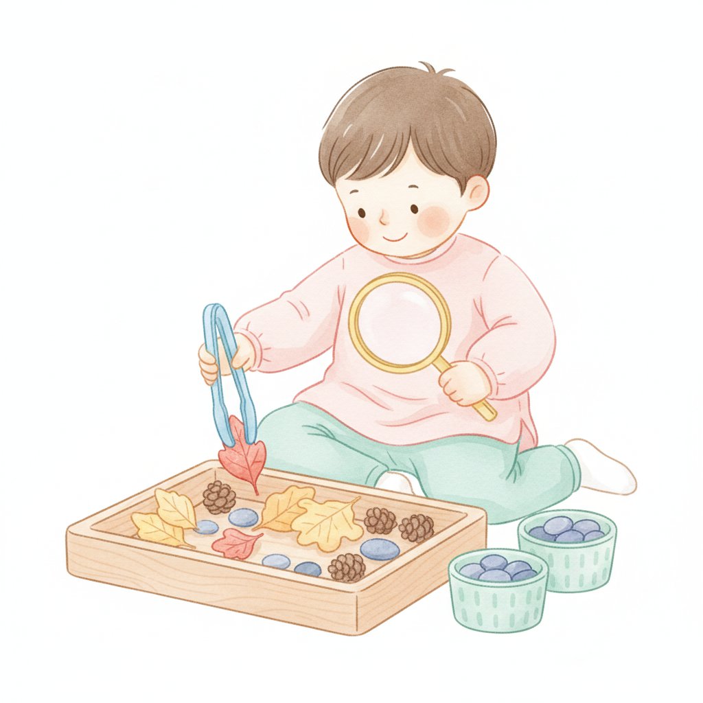 A child sorting natural materials with tweezers and a magnifying glass