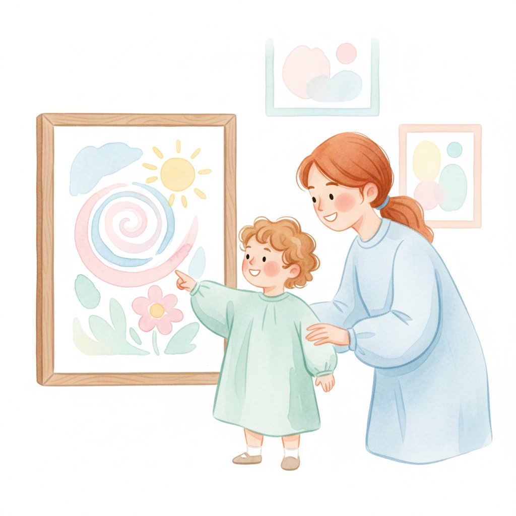 A proud preschooler explaining their framed painting to a parent visitor — the conversation that protects creative confidence
