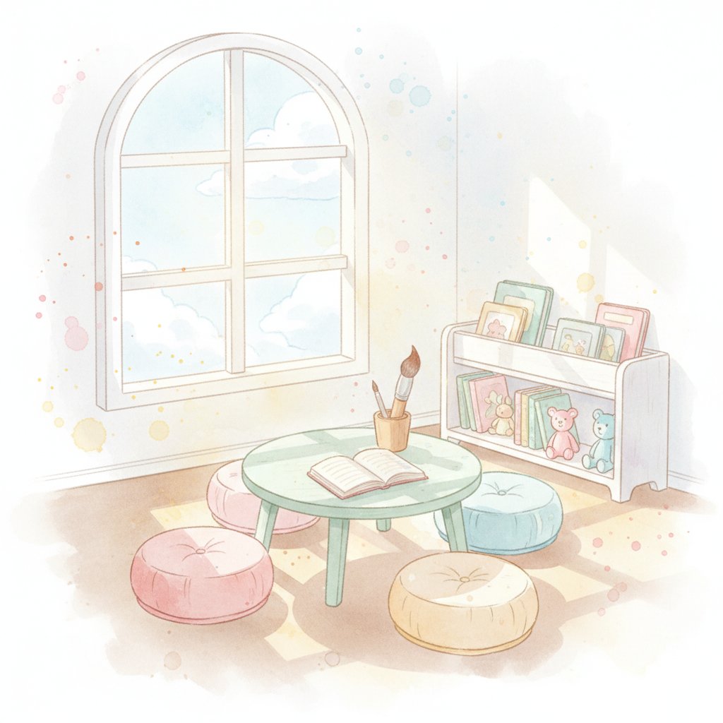 Cozy classroom writing nook with a small table beside a sunny window