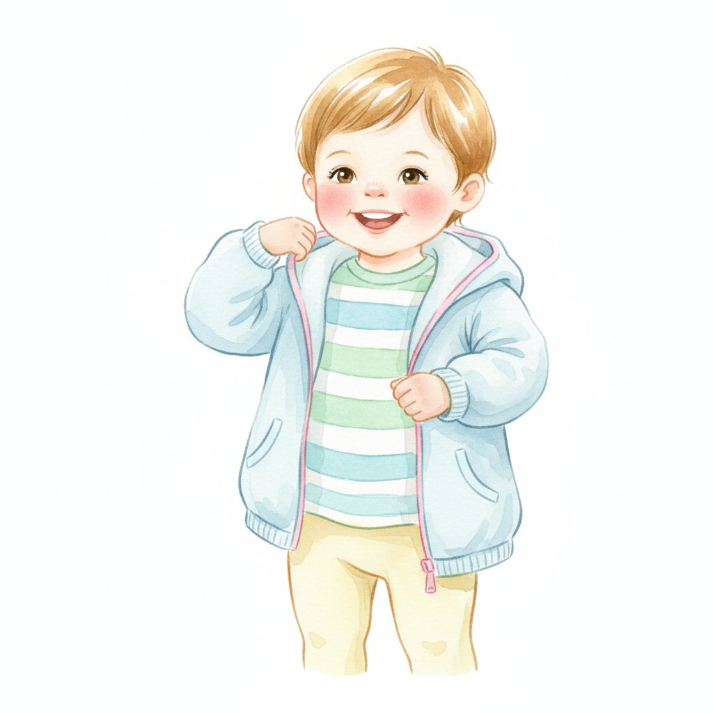 Watercolor illustration of a toddler putting on their own coat