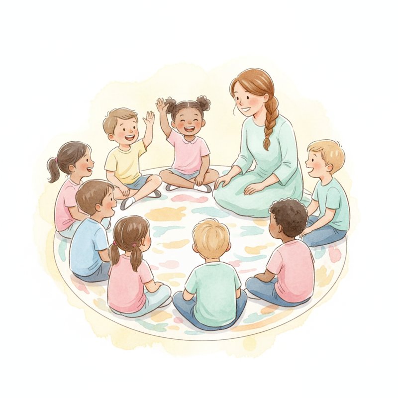Circle of children talking and sharing in a group conversation