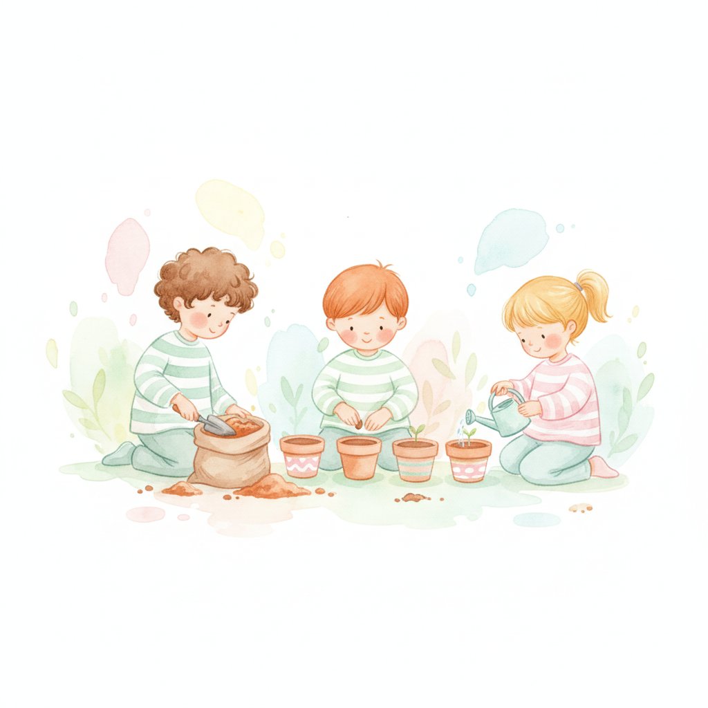 Children planting seeds in pots and watering sprouts with a small watering can