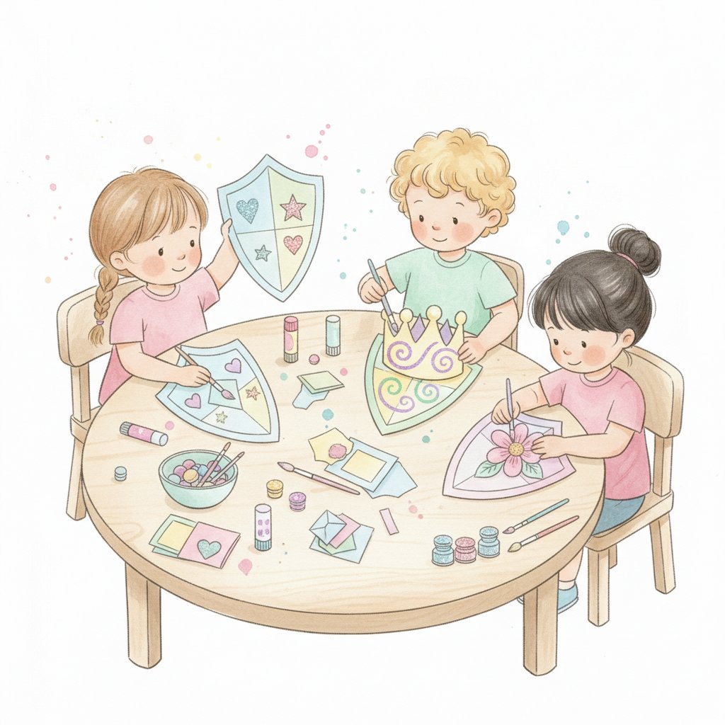 children decorating paper shields and crowns at a craft table