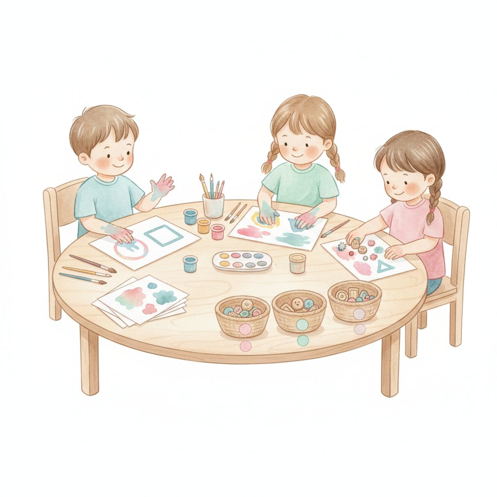 Young children doing a weekly themed activity with finger paint and sorting objects