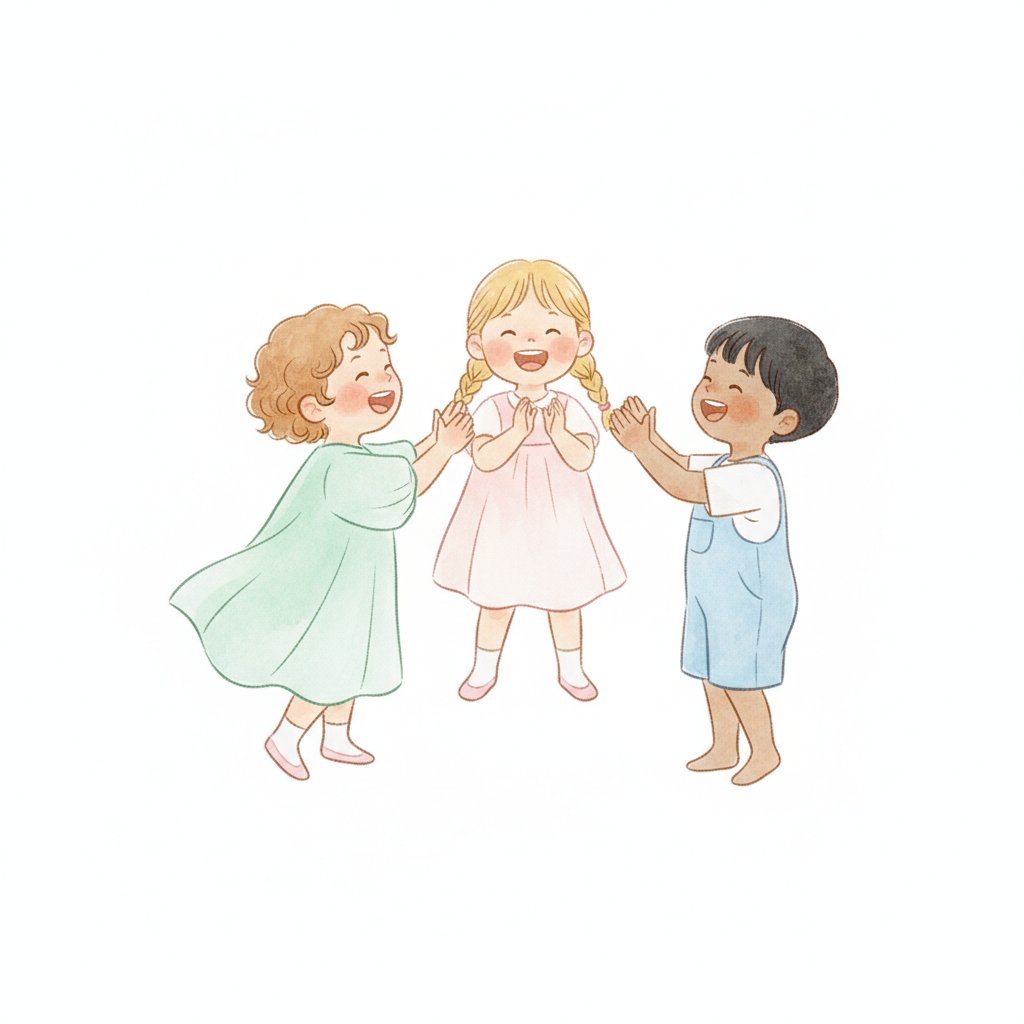 Watercolor of cheerful preschoolers clapping a steady rhythm and singing