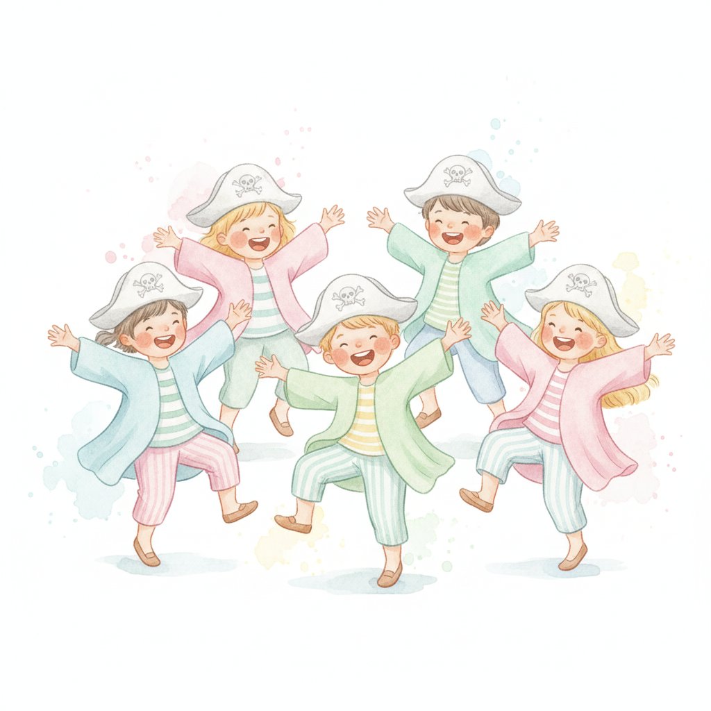 Children in pirate hats singing and dancing a pirate jig