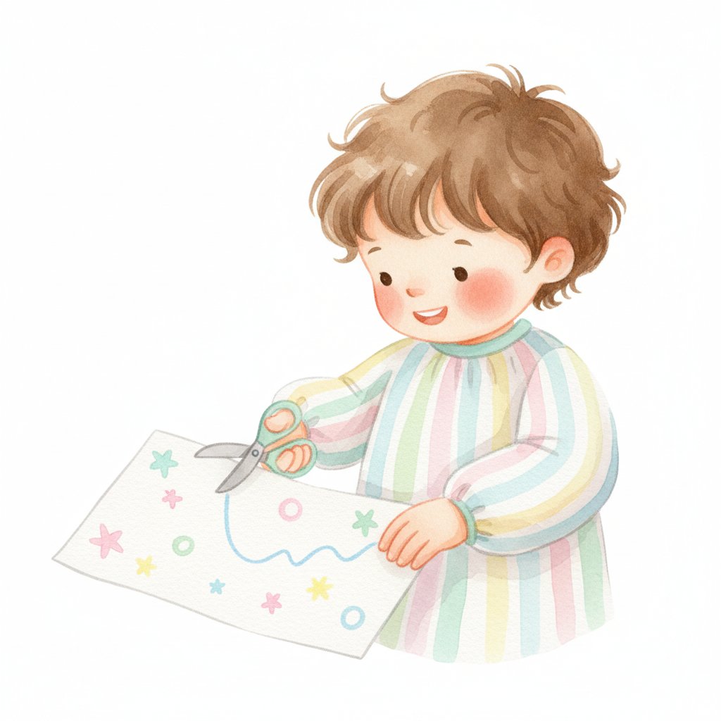 A child turning the paper with one hand while cutting along a gentle wavy curved line