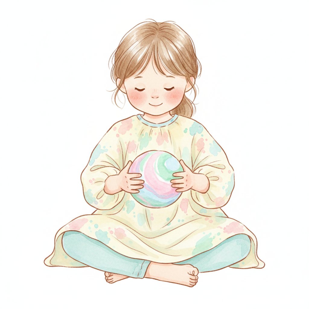 Watercolor illustration of a calm child rolling a ball of playdough