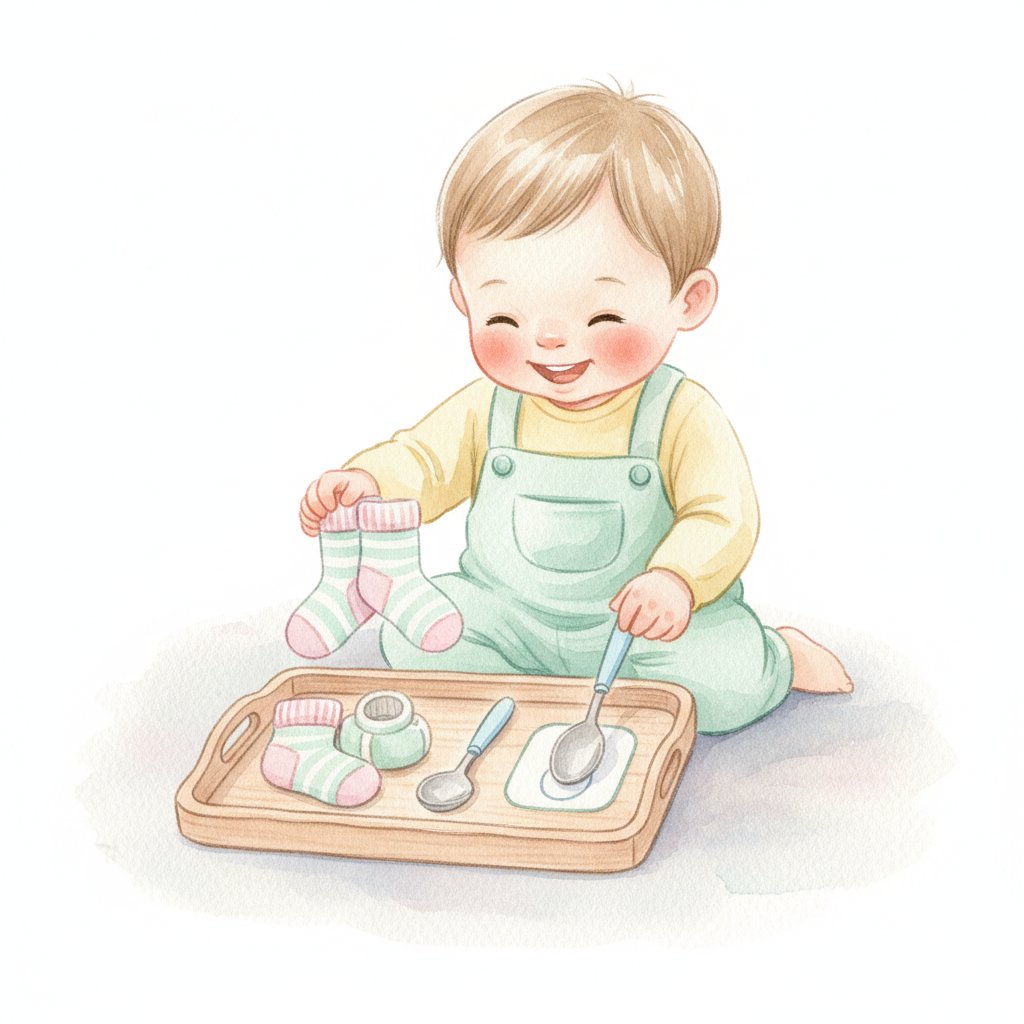 A toddler matching simple everyday objects like socks and spoons