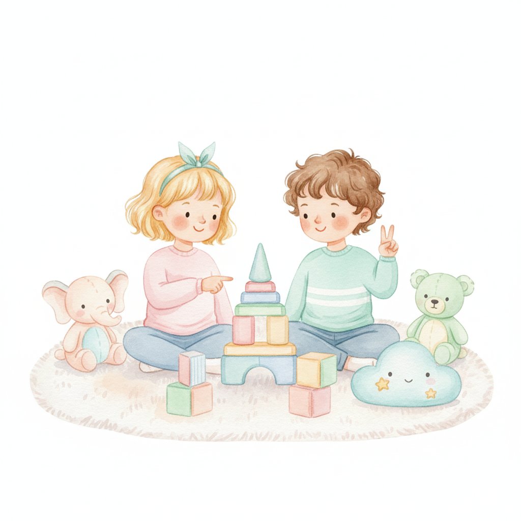 Watercolor illustration of two young children counting colorful blocks and toys together