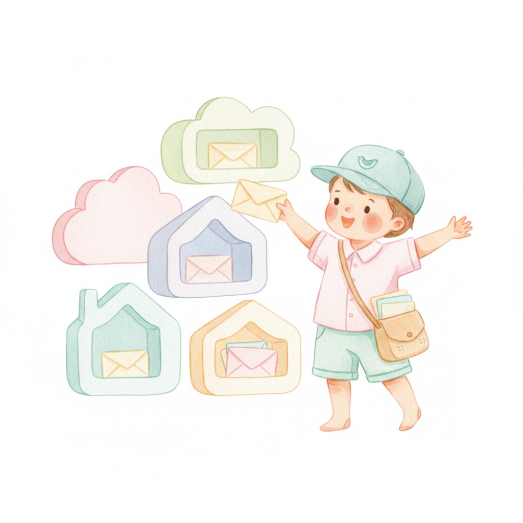 Watercolor illustration of a child mail carrier delivering letters to cubbies