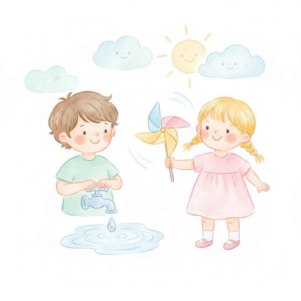 Children saving water by turning off a faucet and watching a pinwheel spin in the wind