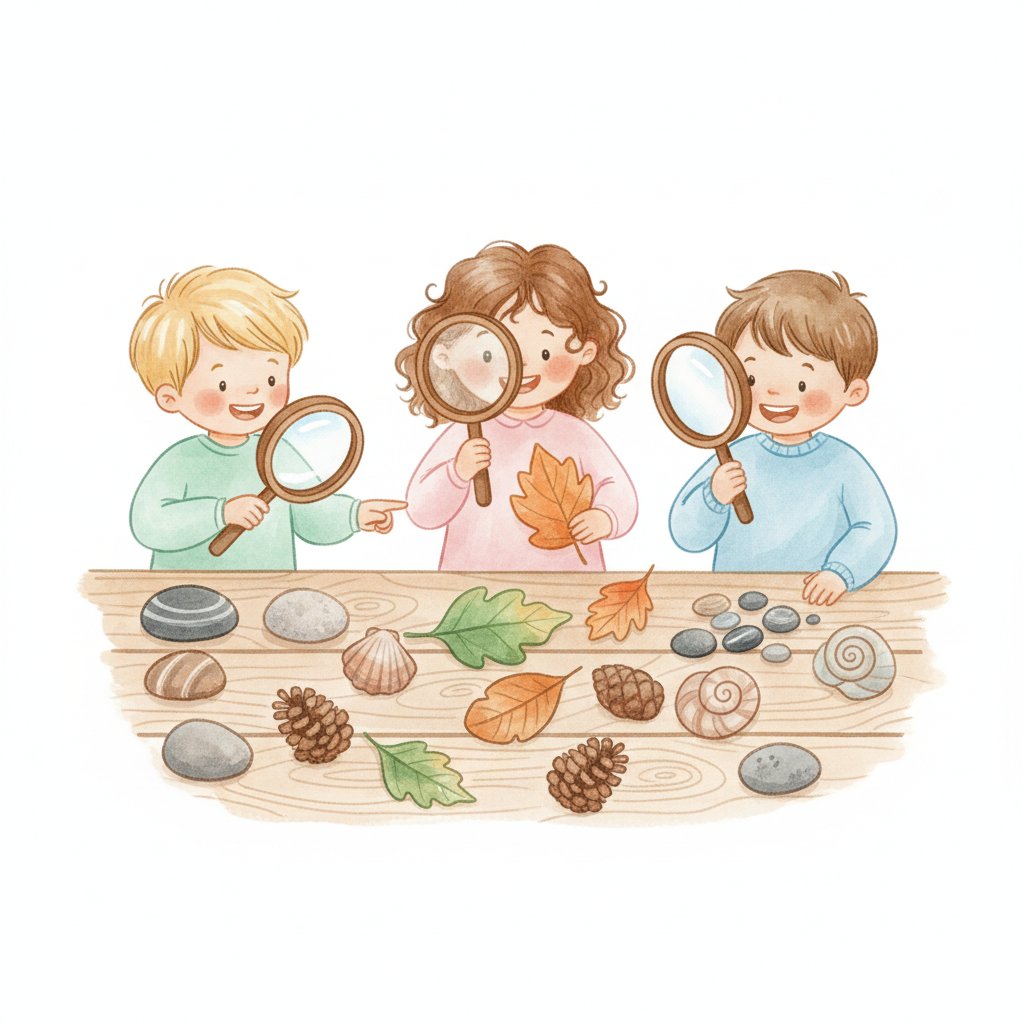 Watercolor of cheerful preschoolers at a nature museum table with rocks, leaves and magnifying glasses