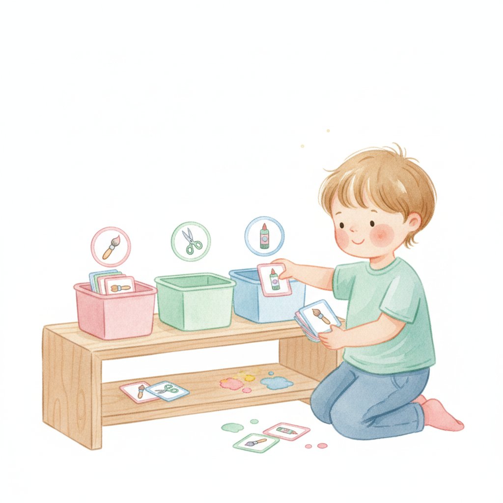 A child matching picture labels to colored bins on a shelf