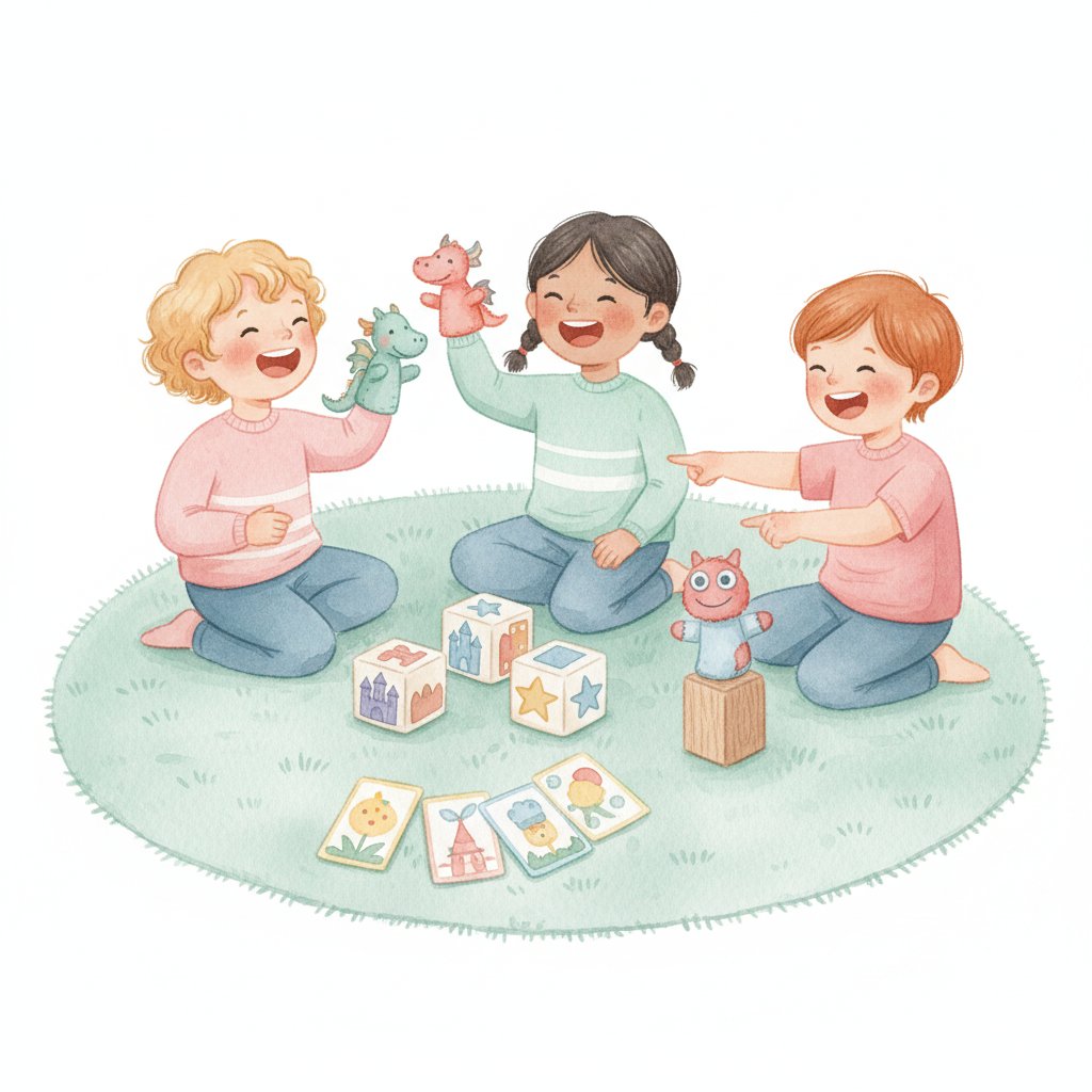 Children telling a creative story together with story dice and puppets