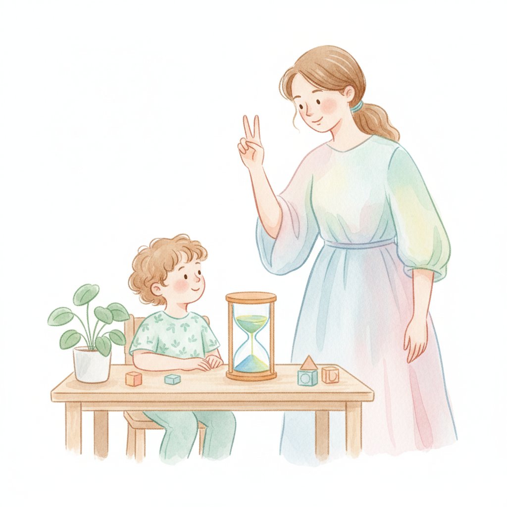 A teacher giving a two-minute warning while a child watches a sand timer