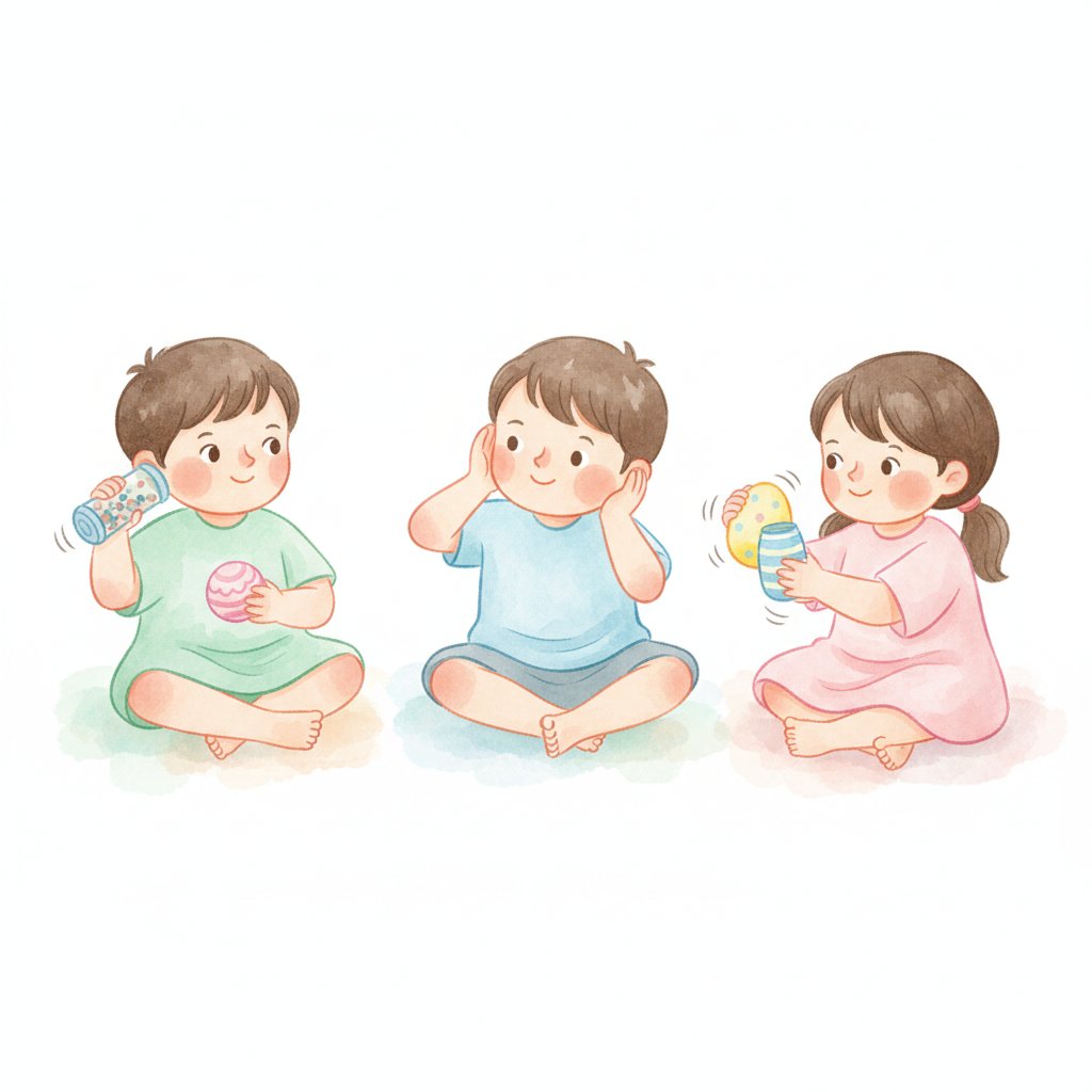 Young children shaking sound containers and cupping their ears to listen carefully, soft watercolor