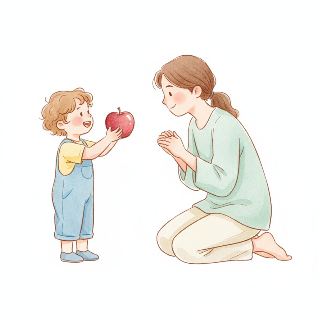 A child showing an apple and describing it to a listening adult