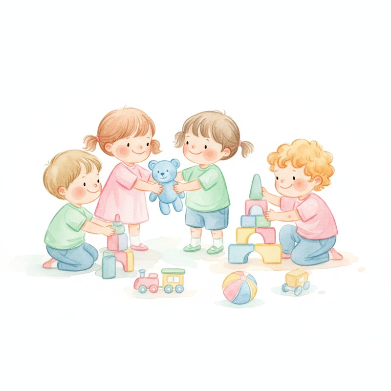 Watercolor illustration of cheerful preschoolers playing together, sharing toys and helping each other