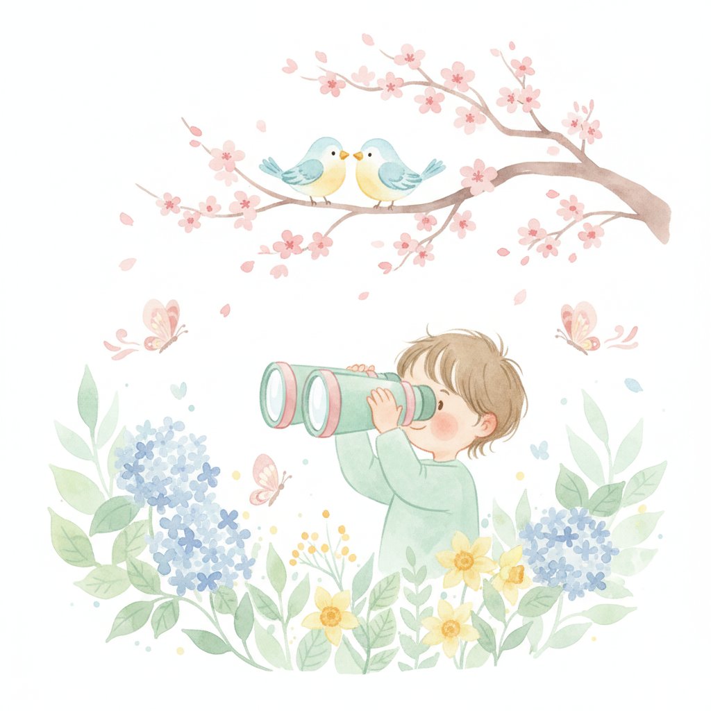 Child observing birds through toy binoculars in a garden