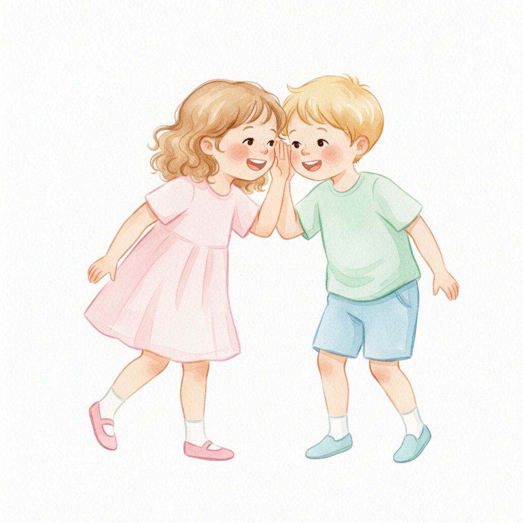 Watercolor illustration of two children whispering and laughing together