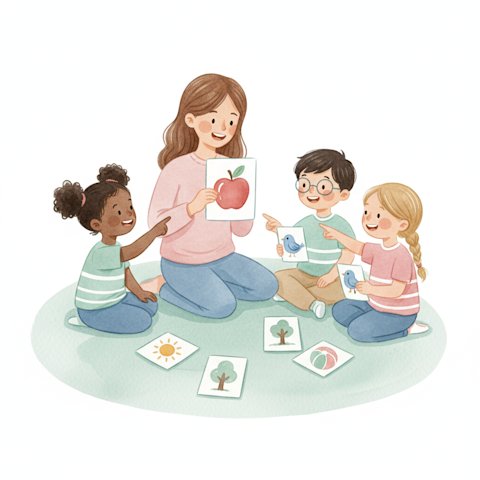 Multicultural children and teacher learning words with picture cards