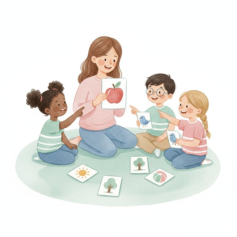 Multicultural children and teacher learning words with picture cards