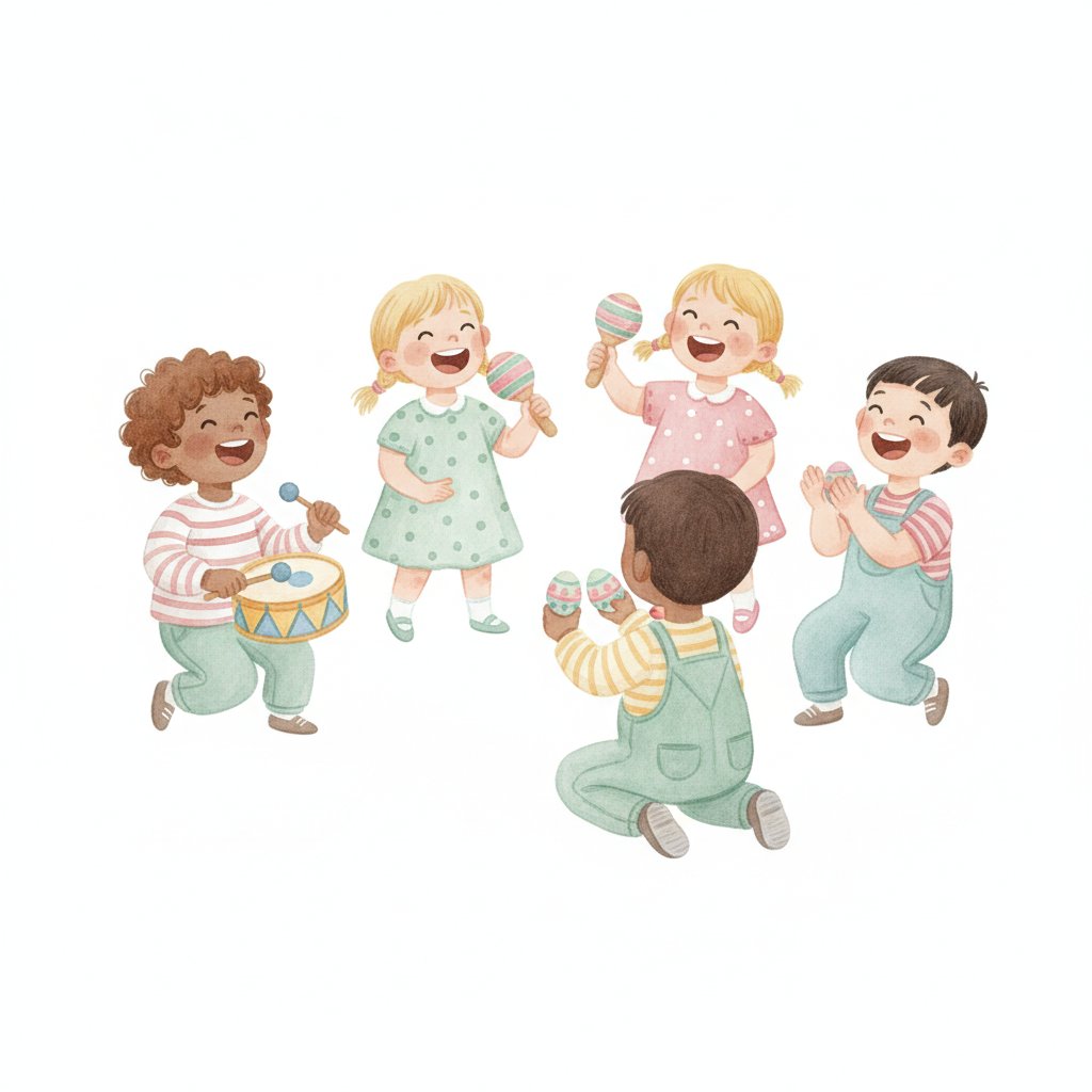 Watercolor illustration of children singing and playing simple instruments together