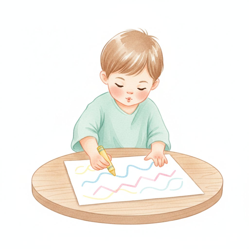 A child tracing curved and zigzag paths with a crayon, soft watercolor