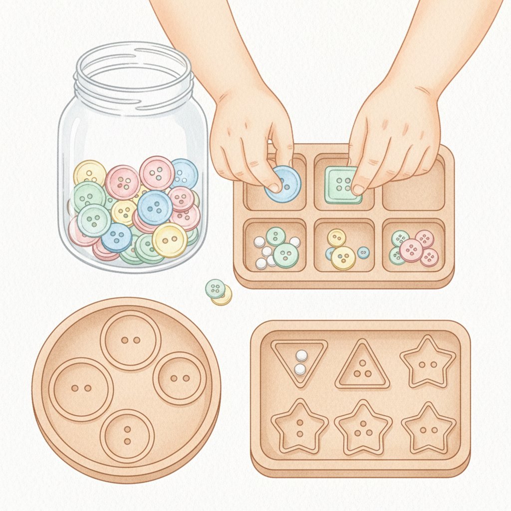 Child sorting mixed buttons into trays by size and shape