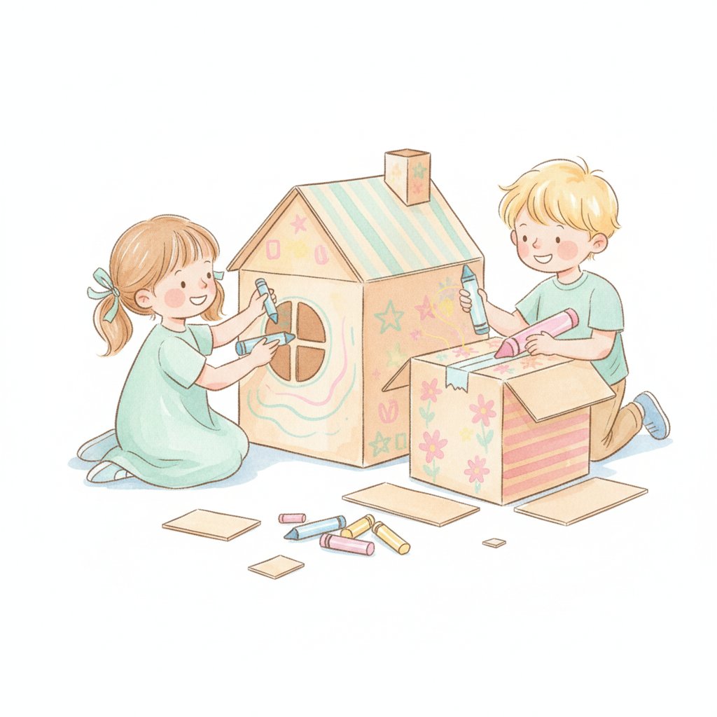 Children building and decorating a house from cardboard boxes
