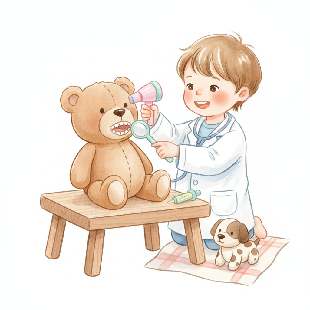 A watercolor illustration of a child vet giving a stuffed teddy bear a gentle health check-up with toy tools