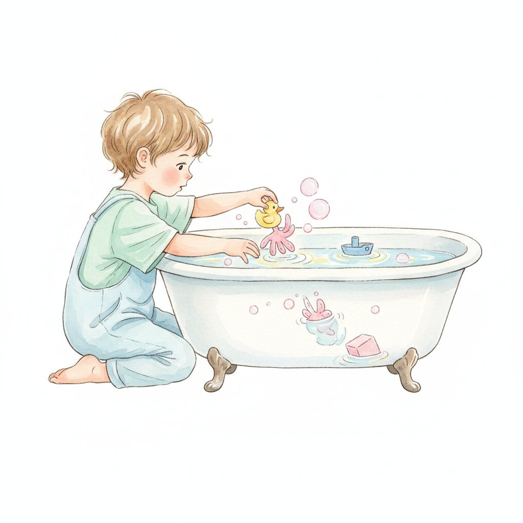 Child testing which bath toys sink and which float, watching closely