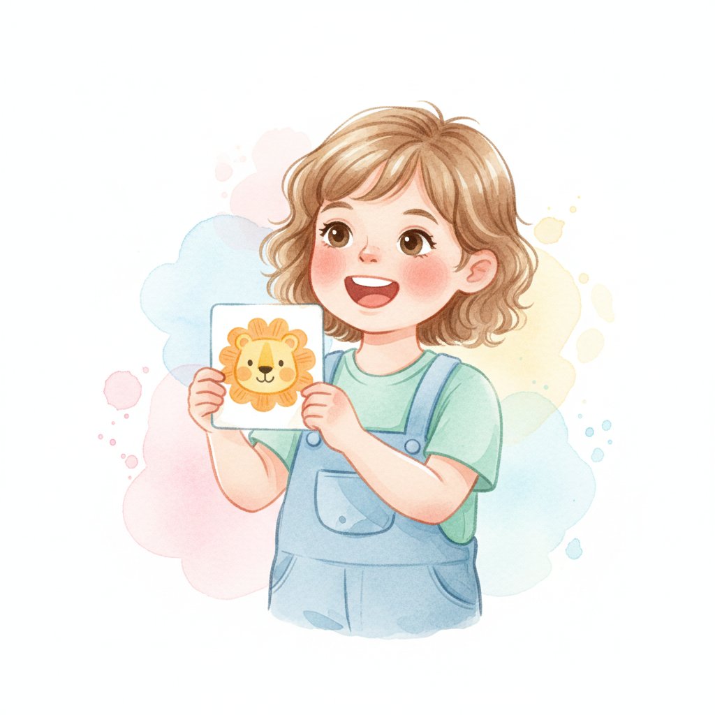 A preschooler holding up a picture card with a friendly animal