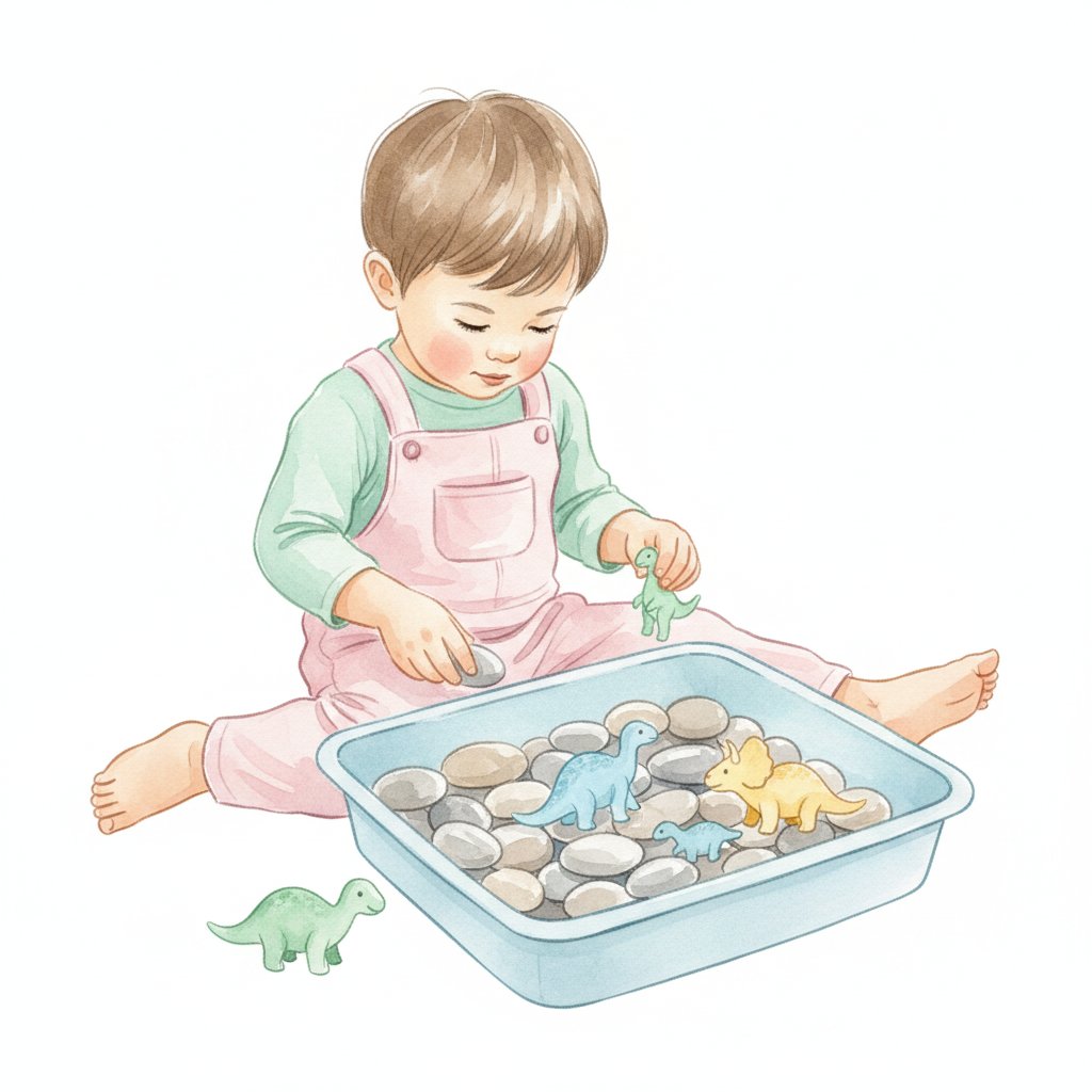 A child playing with a dinosaur-themed sensory bin with toy dinosaurs and pebbles