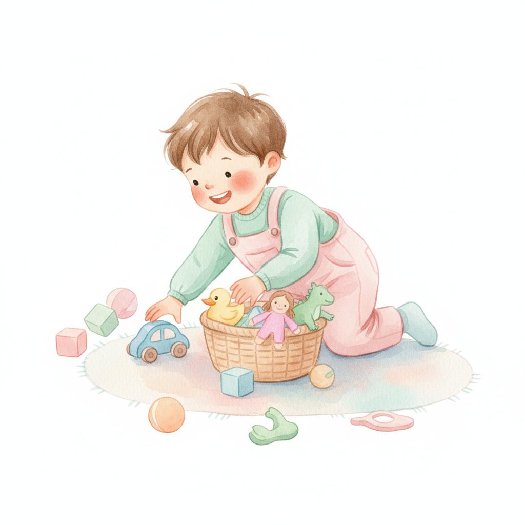 A young child on a letter scavenger hunt gathering objects into a basket