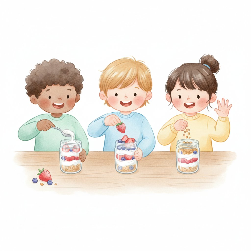 Children layering yogurt, fruit and granola into clear cups to make parfaits