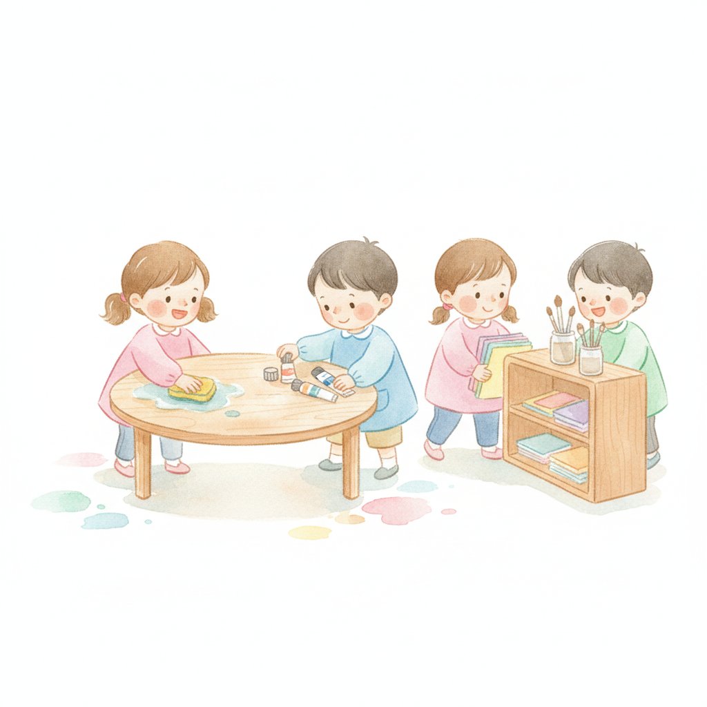 Children tidying and resetting the art corner together