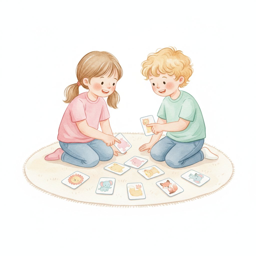 Two preschoolers playing a card matching game on the floor