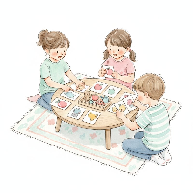 Watercolor of cheerful preschoolers playing a memory game with cards and a tray of small objects
