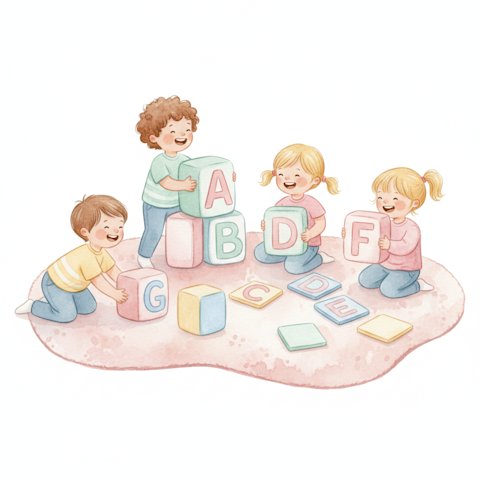 Children playing with colorful alphabet letter blocks on a rug