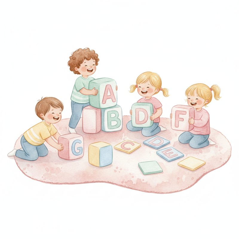 Children playing with colorful alphabet letter blocks on a rug