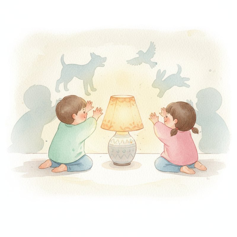 Young children casting playful hand shadows on a wall with a lamp, soft watercolor