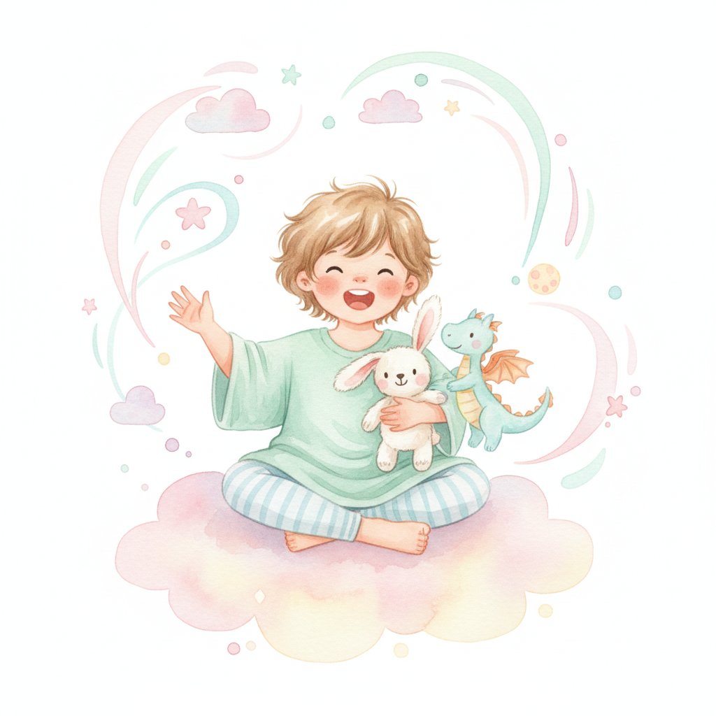 Watercolor of a child telling a story with stuffed animals