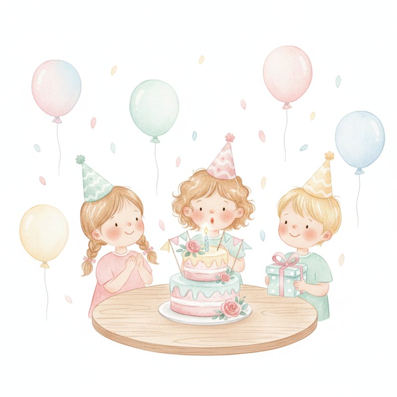 Cheerful preschoolers at a joyful birthday party with balloons and cake