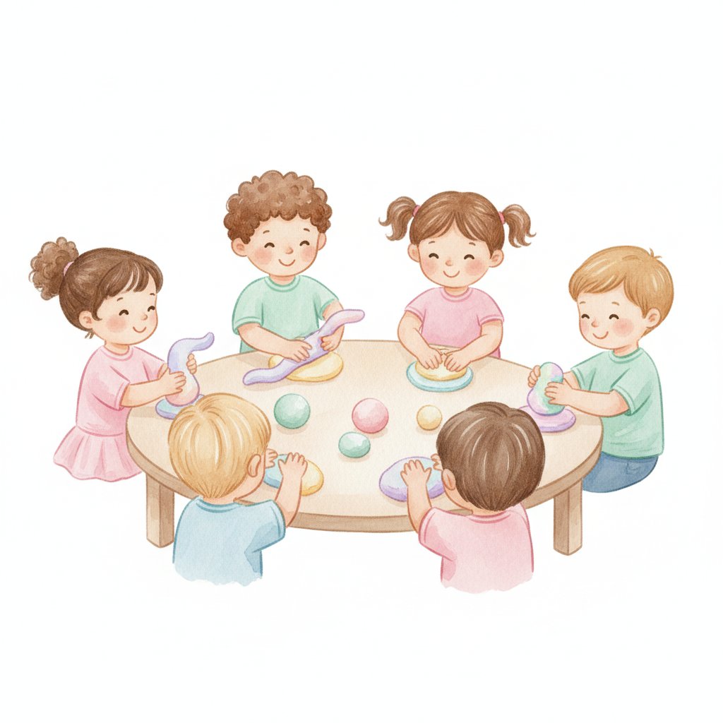 Children squeezing and rolling colorful play dough, soft watercolor