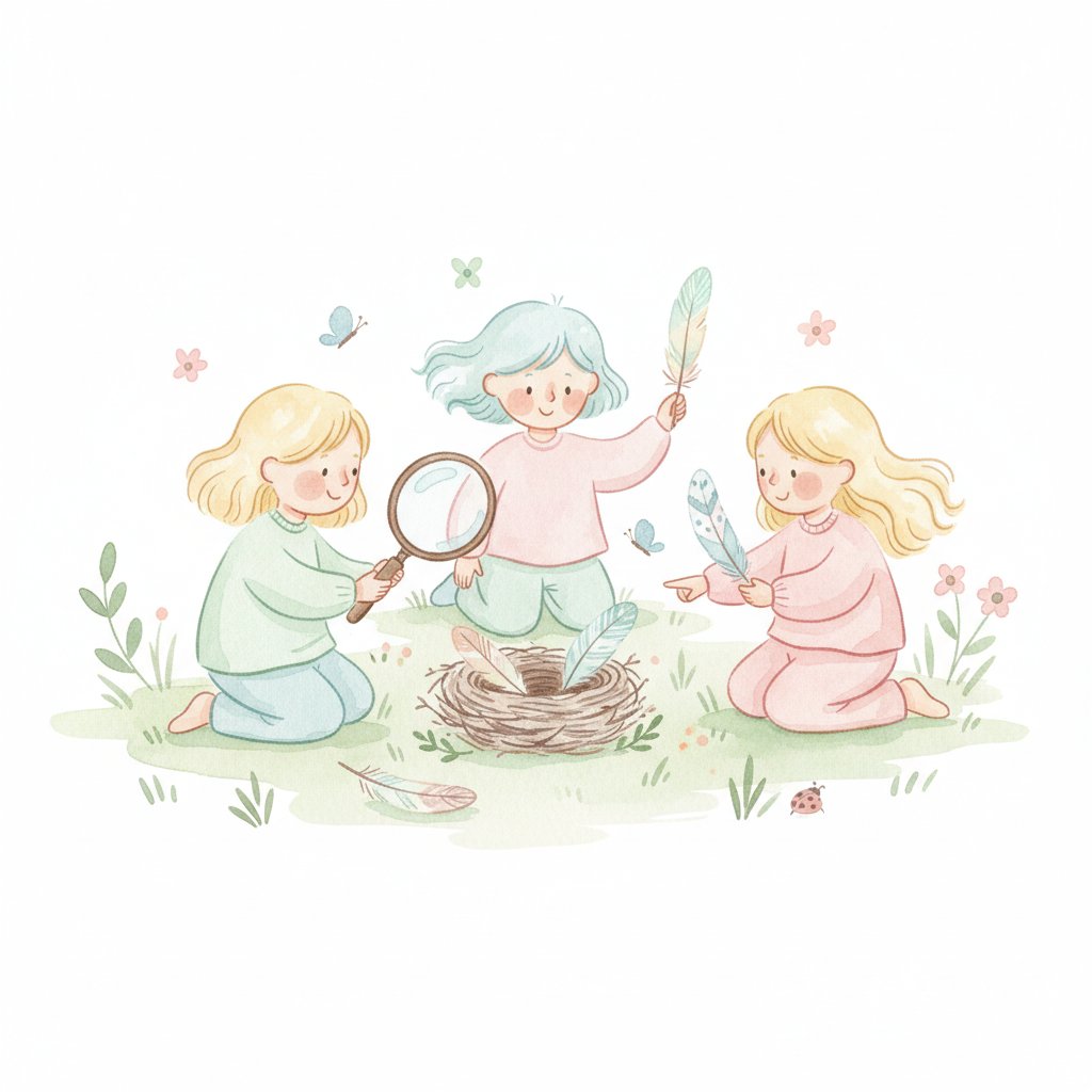 Children examining feathers and a bird nest with a magnifying glass