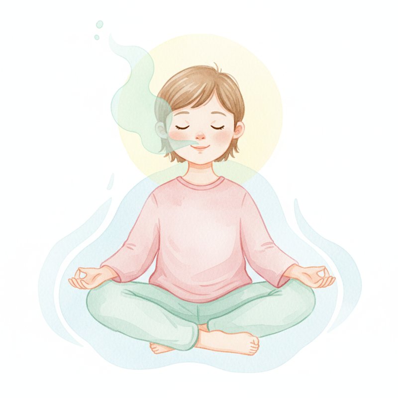 Watercolor of a calm child taking a deep breath with a serene smile
