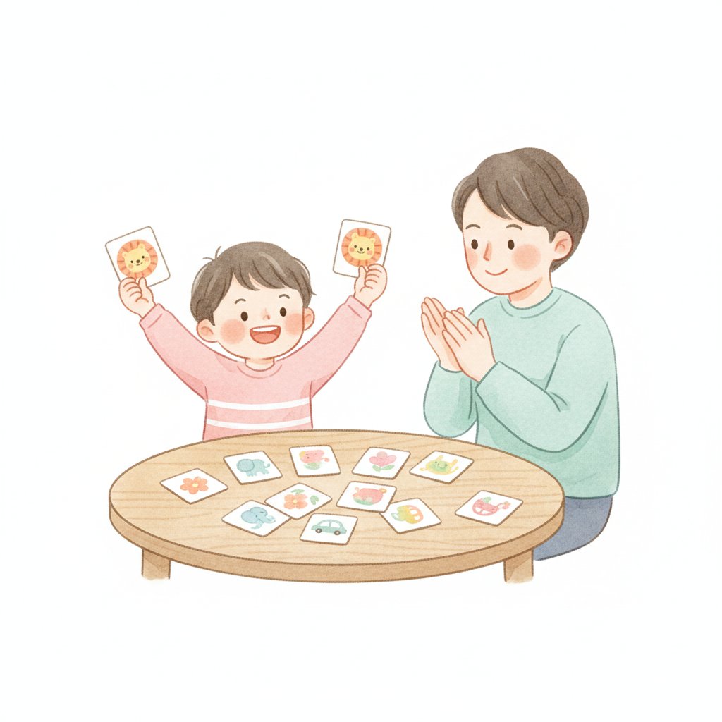 A proud child holding up a matched pair of cards in a memory match game