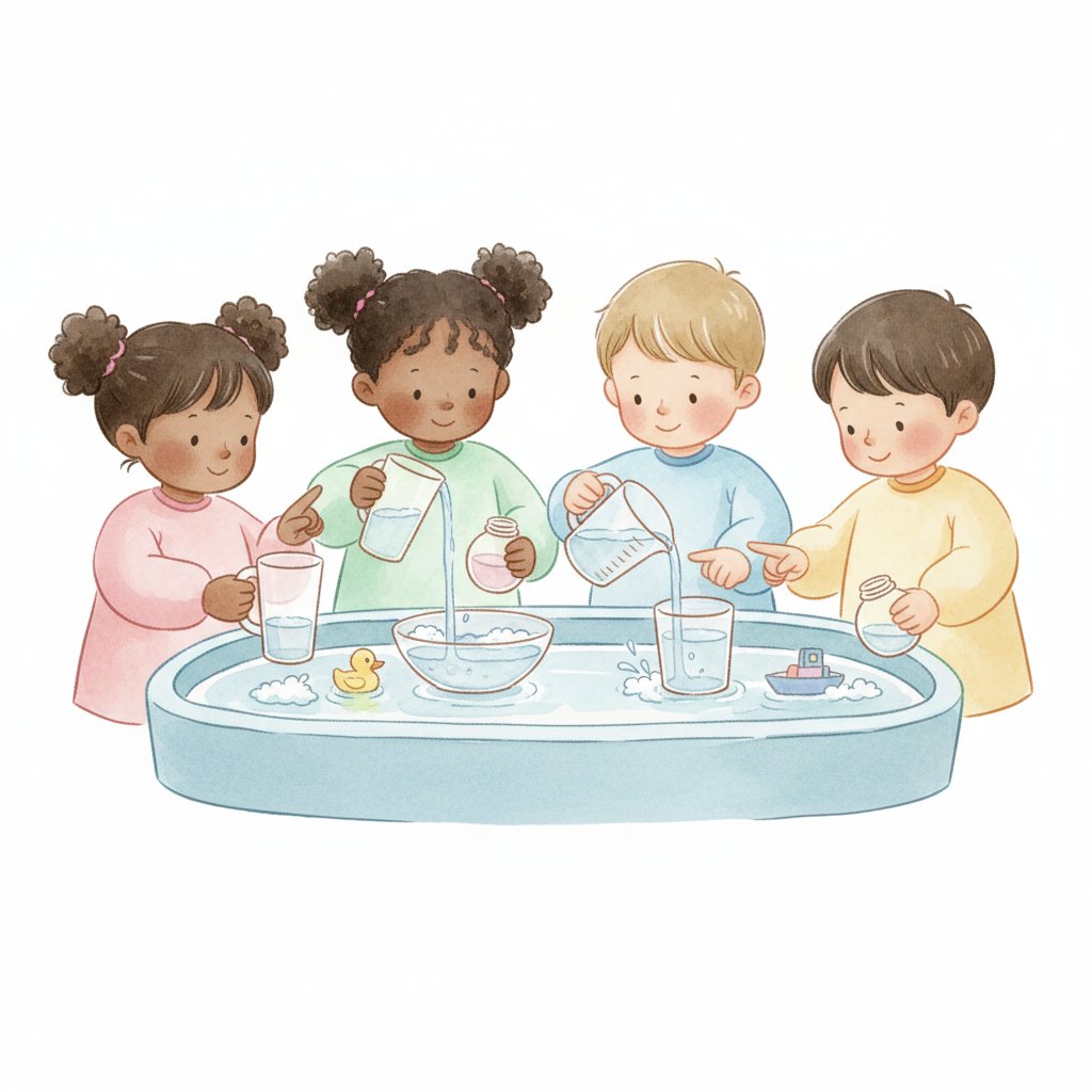 Children pouring water between cups of different sizes at a water table